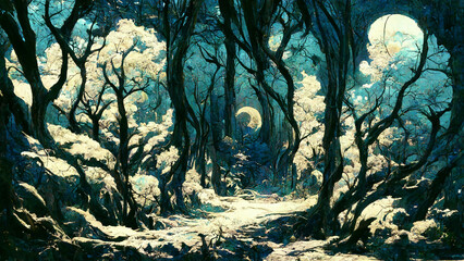 Forest at night illuminated by moonlight illustration Generative AI Content by Midjourney