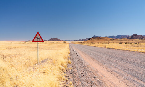 Zebra crossing danger sign in a gravel road, Namibia, Africa