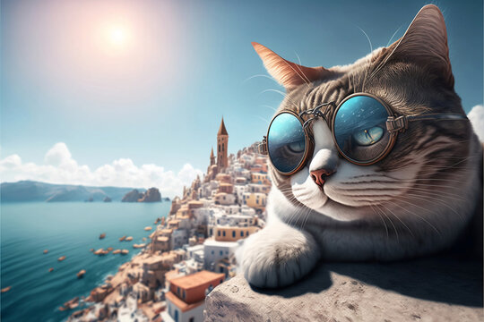 Travelling cat in sunglasses sunbathing , generative ai
