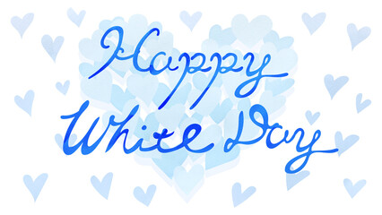 「Happy White Day」の文字付きのハートマークの背景。水彩風イラスト。