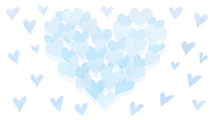 水色のたくさんのハートマークの背景。水彩風イラスト。