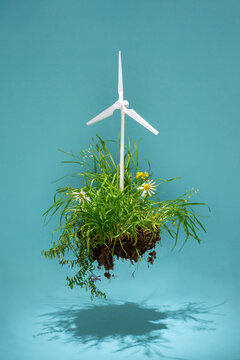 wind turbine flying on grass island