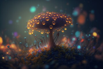 Fototapeta na wymiar Magic mushroom glowing bright on mythical fantasy forest ground soil; colorful edible fungus hallucinogenic and known for extraordinary healing abilities - generative AI illustration.