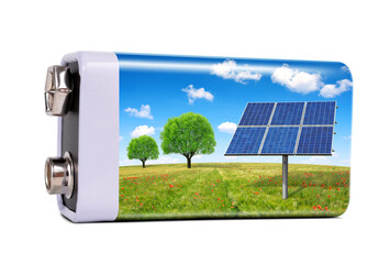 Battery with solar panels isolated on transparent background, PNG. The concept of sustainable resources.