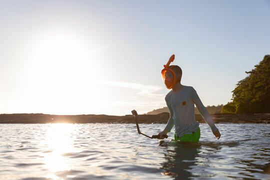 Boy Snorkeling  camera in Costa Rica making selfie video