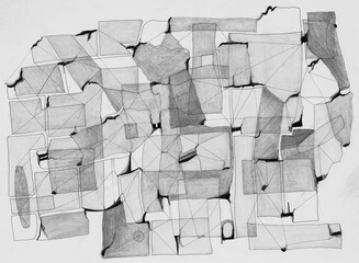 A pen, ink and pencil drawing; an abstraction.