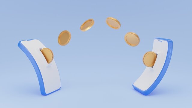 3d render money payments transfer on smartphones online system. mobile be flexible sending and receiving or exchange money gold coins. internet banking and mobile wallet application.
