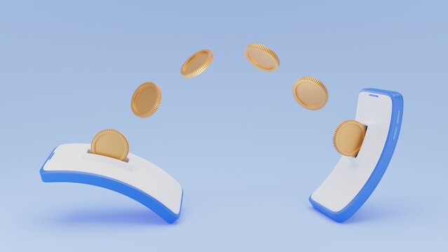3d render money payments transfer on smartphones online system. mobile be flexible sending and receiving or exchange money gold coins. internet banking and mobile wallet application.