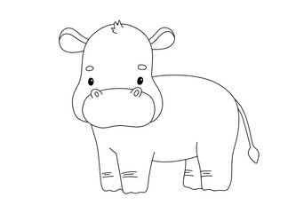 Cute hippopotamus in line style. Drawing african baby hippo isolated on white background. Vector sweet outline illustration for childish coloring book.