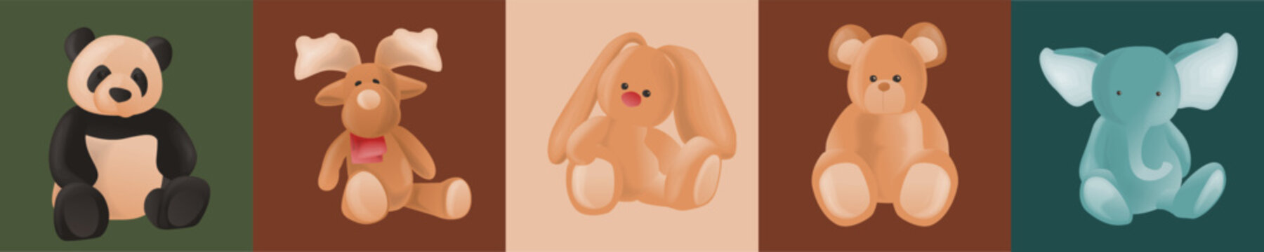 Cute Stuffed Animals. Cute Dolls Namely Panda, Elephant, Teddy Bear, Rabbit, Deer
