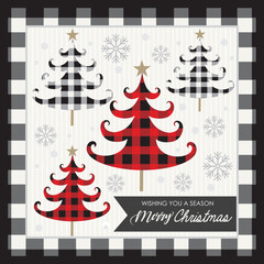Naklejka premium christmas card with christmas tree and buffalo plaid