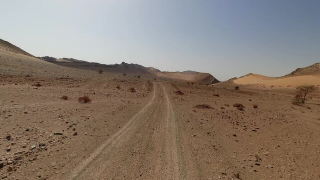Driving in a desertic valley in the Moroccan Sahara