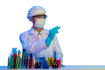Experienced chemist wearing a uniform hand holding a pen with bottle chemical substance, with blue light isolate