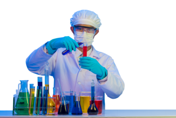 Experienced chemist wearing a uniform hand pointing and looking holding bottle with chemical substance, with blue light isolate