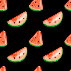 Watermelon watercolor seamless pattern. Summer exotic tropical background. Hand drawn watercolor illustration digital paper on black background