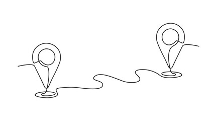 Continuous one line drawing of path and Location pointers. Simple pins on way between two points in thin Linear style. Gps navigation and Travel concept. Doodle vector illustration