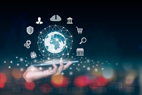 Customers are using smartphones to shop online. Online shopping. Smartphone turned into internet shop. Concept of mobile marketing and e-commerce. supermarket smartphone with icons of purchases.