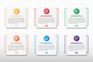 Infographic design vector template with 6 round square step or option and number. Business presentation, target goal report, project timeline, strategy plan, success information, flat diagram layout.
