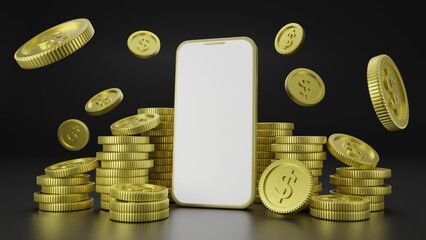 perspective smartphone mockup with stack of gold coins. blank display phone. digital wallet or cashback financial mobile application. empty screen copy space 3d render.