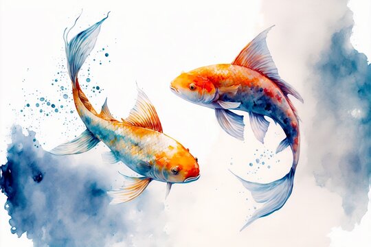 Watercolor Illustration of Two Colorful Koi Fish Swimming in Water, Pond, Pool - Isolated on White, Generative AI
