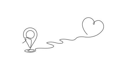 Continuous line drawing of paths and Location markers and love. Simple pin between one point Location Hint and love in Linear style. Gps Navigation and Travel concept location and love icon