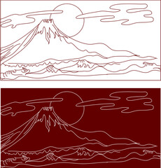 Fuji mountain vector.Japanese mountain wallpaper and red sun.Japanese wave with Fuji Mountain coloring book. - obrazy, fototapety, plakaty