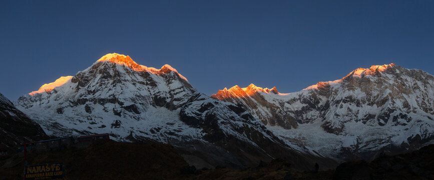 Panoramic view of Annapurna range at sunrise.