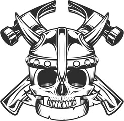 Half skull in viking helmet with ribbon and business builder crossed hammer from new construction and remodeling house illustration