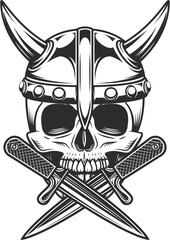 Viking vintage emblem with skull serious medieval nordic warrior in horned helmet and battle knife isolated illustration