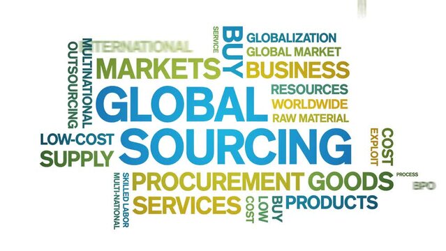 Global Sourcing animated tag word cloud;text design animation kinetic typography seamless loop.