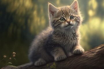 Naklejka na ściany i meble A fluffy grey and white kitten sitting on a wooden in the park created with Generative AI technology