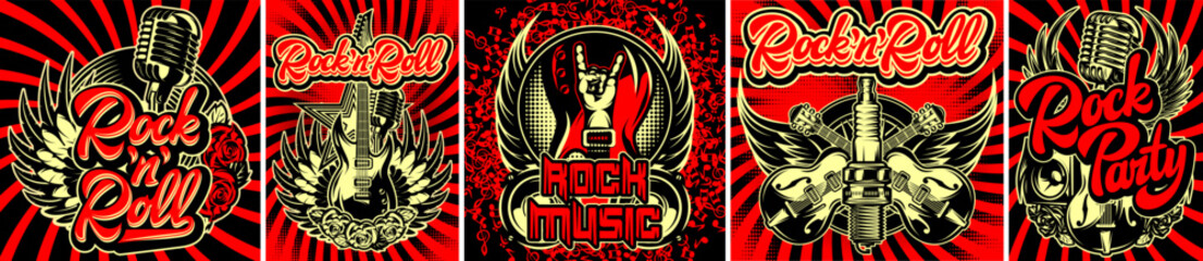 Fototapeta na wymiar A set of posters for advertising concerts. Elements on the theme of rock music. Colored vector templates. Editable image
