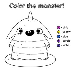 Cute monster coloring page for kids. Simple color by numbers worksheet for preschool activity. Learning colors and numbers with fun and joy. Ready to print vector illustration.