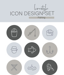 Linestyle Icon Design Set Fishing