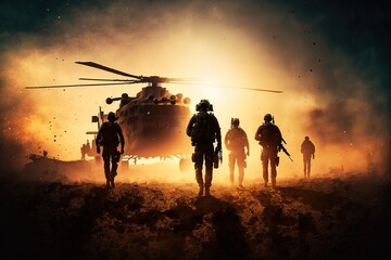 Fototapeta na wymiar Silhouette of soldiers with a helicopter in the desert at sunset patriotism generative ai