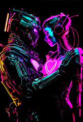 Cyborgs in love, neon futuristic, Valentine's Day, digital painting illustration created with generative ai technology and Adobe Photoshop - Generative art
