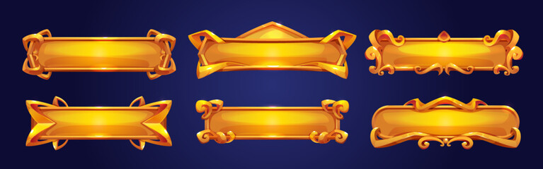 Medieval buttons, ui game menu elements, gold metal oblong banners and ornate rims. Empty royal gui bars for rpg or arcade, golden borders, web design interface Cartoon 3d vector illustration, set