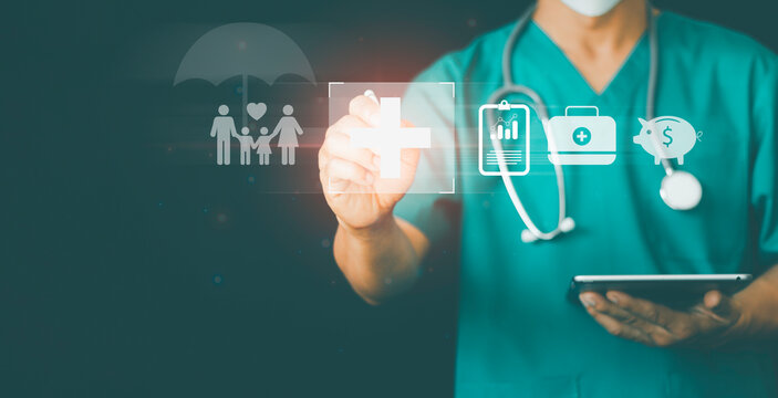 Insurance concept Healthcare and medical, Doctor touching icon digital healthcare and medical diagnosis of a patient, Medical technology, family and life, financial and health insurance savings