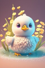 Obraz na płótnie Canvas Kawaii Pixar-Style Fairy Rubber Duckling - Chibi, Snow-White, Big Bright Eyes, Sakura Flowers, Smiling, Delicate, Summer Background