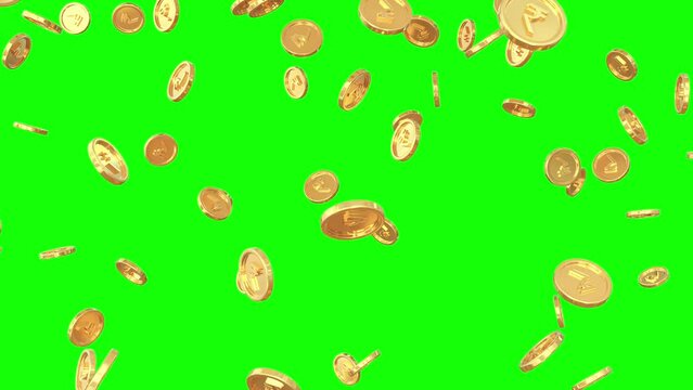Gold coins with Rupee symbol falling down - 3D Render - Green screen video