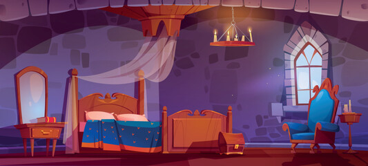 Bedroom in royal castle with wooden furniture and window. Luxury medieval room interior with canopy bed, dressing table with mirror, armchair, chest and candles, vector cartoon illustration