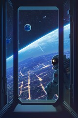 Lonely Robot Astronaut on Space Station, Looking at Planet through Window - Retro 2D Anime Style, NASA-inspired Cyber Colors