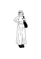 woman walking leisurely on the street man hand drawn art illustration