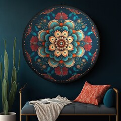 circular boho design in living room with sofa