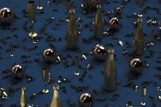 Gold bottles and glasses on blue background