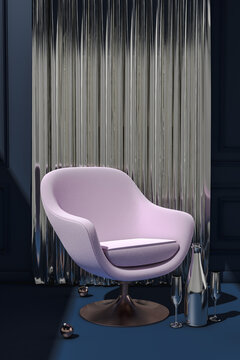 Interior with modern armchair next to silver curtains