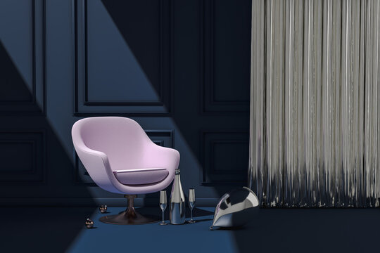 Interior with modern armchair next to silver curtains