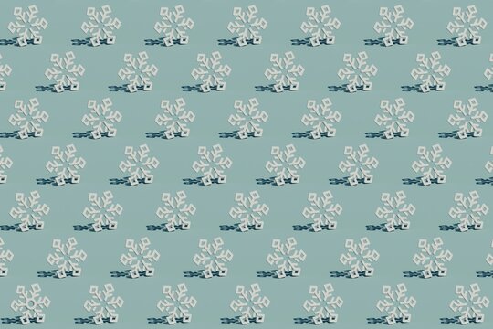  3d Winter pattern made of snowflakes on blue background.