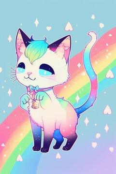 Neon rainbow anime kawaii cat Stock Illustration