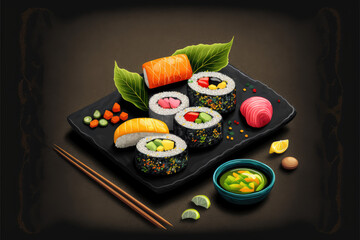 healthy and vegan sushi roll made with fresh and colorful vegetables and fruits, artfully arranged on a black stone plate. Accompanied by a side of traditional soy sauce, served in a simple white bowl